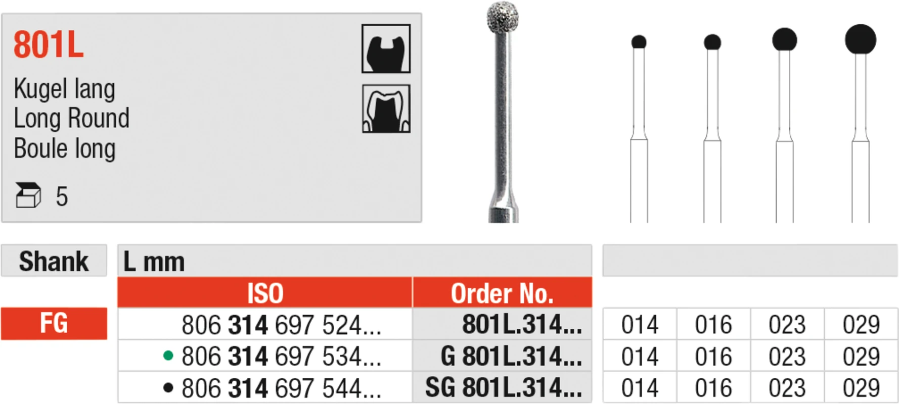 Diamanten 801L Packung 5 Stück grün grob, FG, Figur 697 Kugel lang, ISO 014