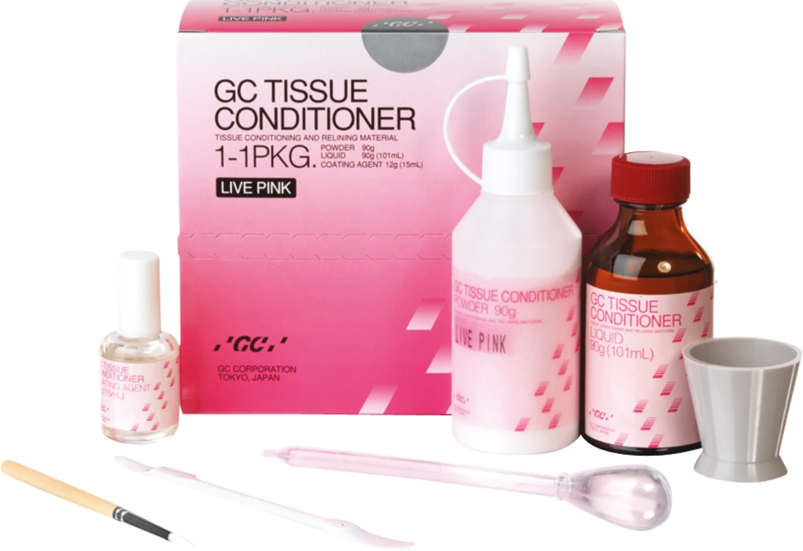 GC TISSUE CONDITIONER Intropackung 90 g Pulver, 101 ml Flüssigkeit, 15 ml Coating, Zubehör Live pink