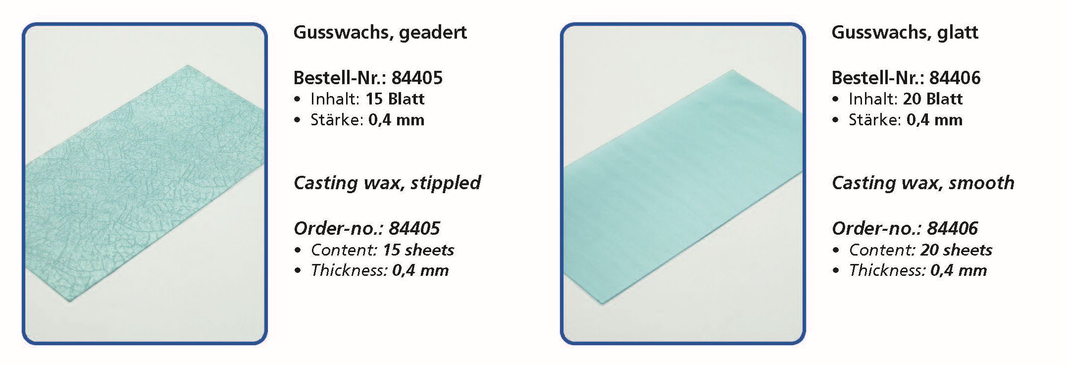 Wachsflexetten Gusswachs, geadert – Gusswachs, glatt – Stärke 0,4 mm