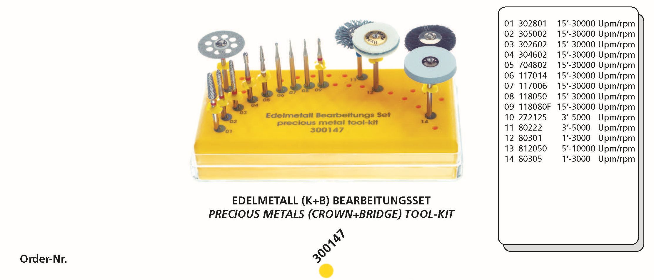 Edelmetall (K+B) Bearbeitungsset bestehend aus 14 Instrumente + Tray