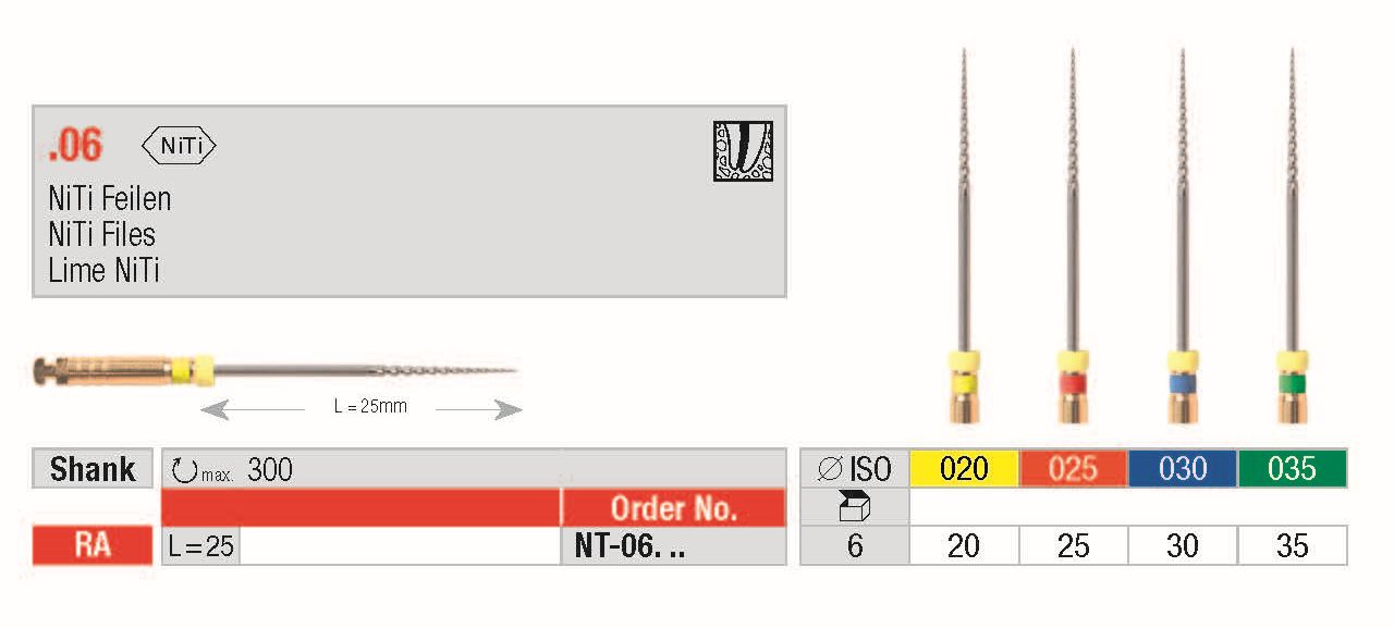 NiTi – Feilen für die „Crown Down“ Technik – 06. Einzelgrössen (VPE 6 Stck.)