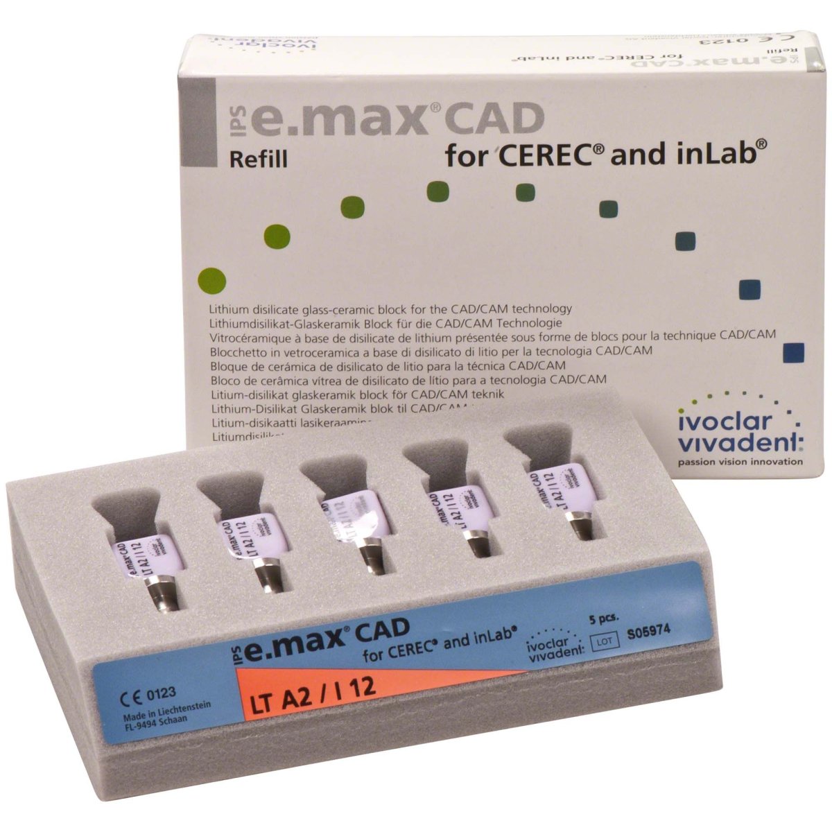 IPS e.max CAD for CEREC/inLab, LT, I12, A2, Refill, Packung à 5 Stück