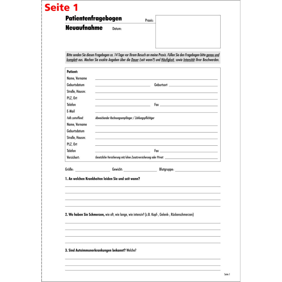 Patientenfragebogen A4, 4-Seitig