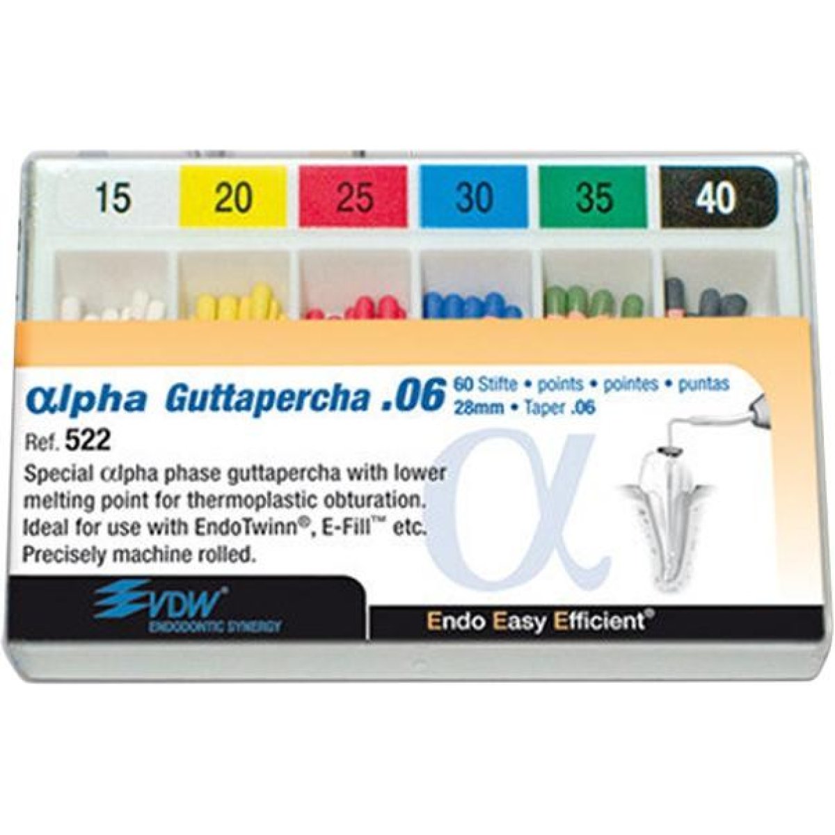 Alpha Guttapercha-Spitzen | Alpha Guttaperchaspitzen 06 28 mm ISO 015-040, Packung 60 Stück